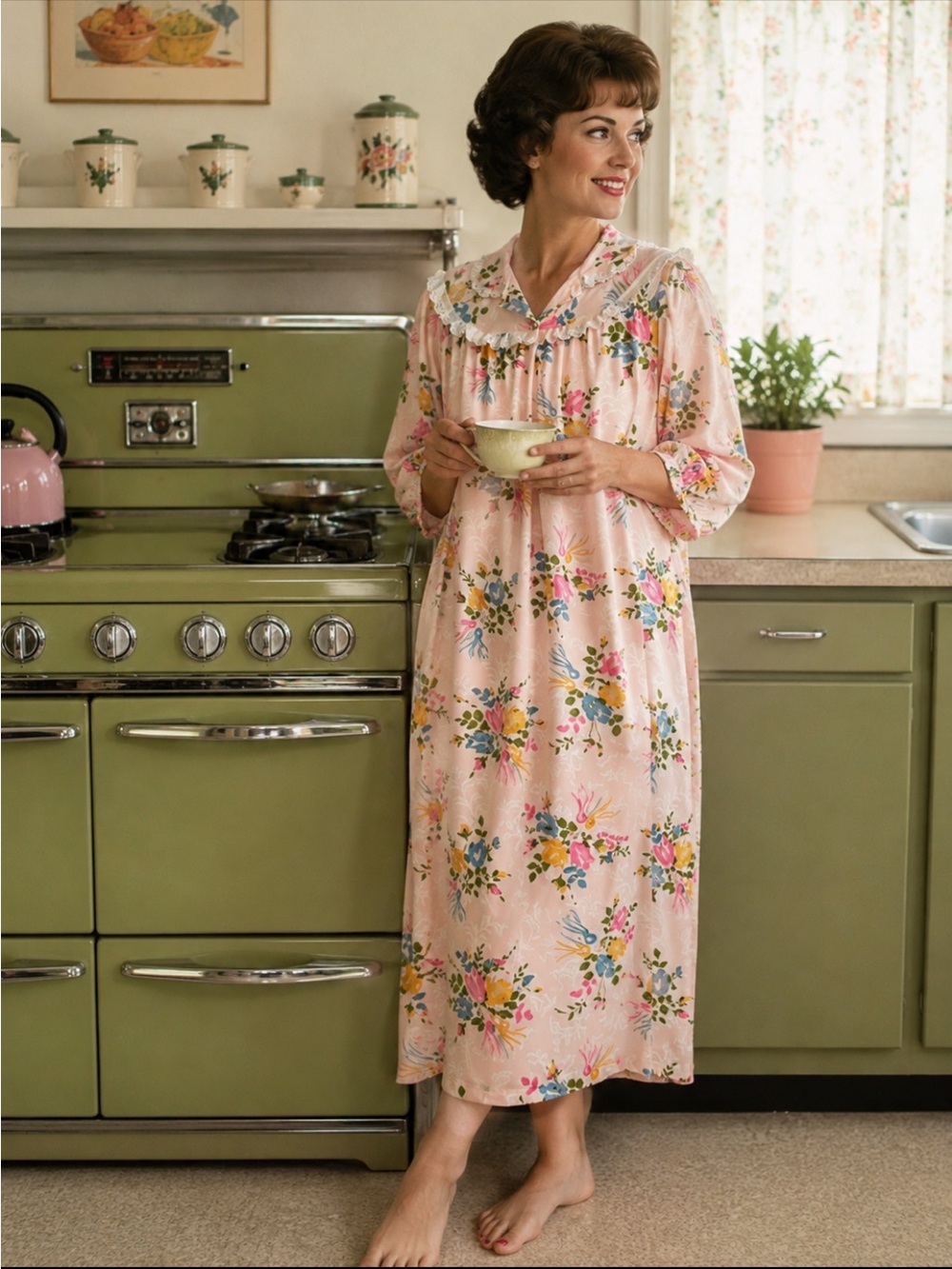 Philmaid Vintage 1960’s‎ Pink Floral Print Long House Dress Gown. Size Large.